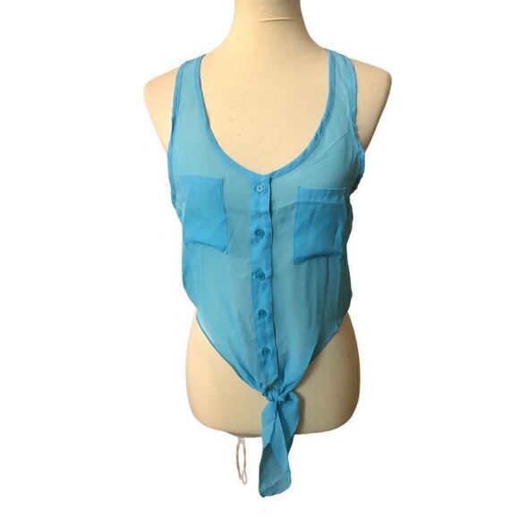Wet Seal pale blue button down racer back sheer crop top tie front - Picture 1 of 8